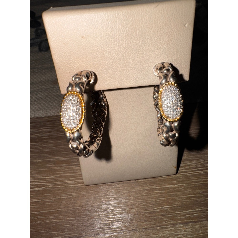 Sterling Silver Gold Tone Pave Diamond Hoop Earrings